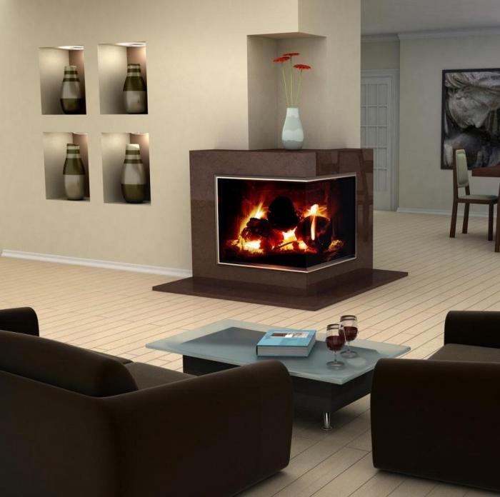 Design of a living room with a fireplace in a minimalist style