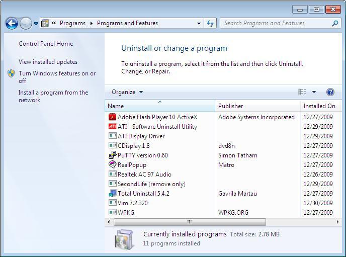 remove programs in windows 7